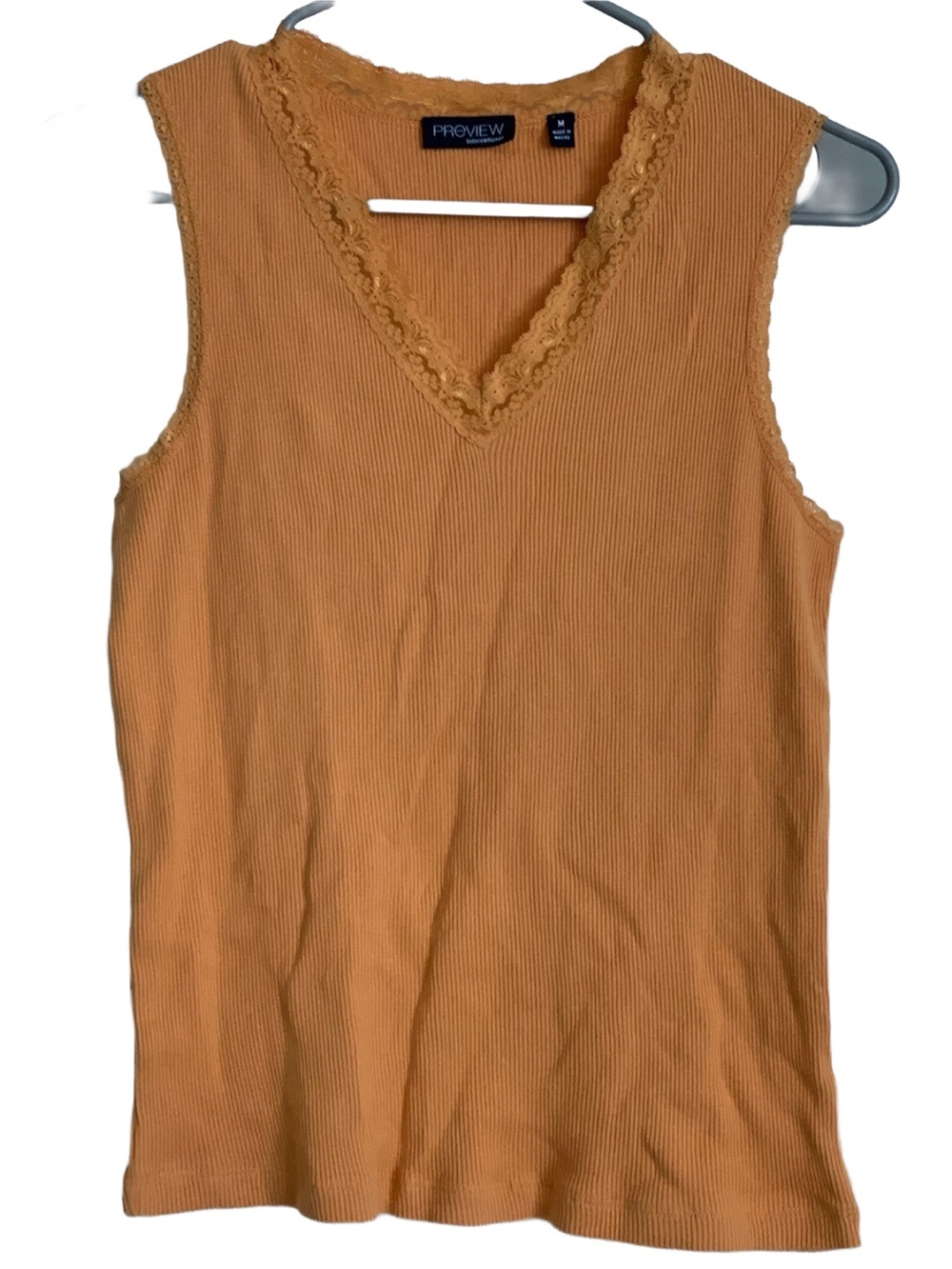 PREVIEW Womens Golden Orange Ribbed Sleeveless Tank Lace V-neck Cotton Tank Top